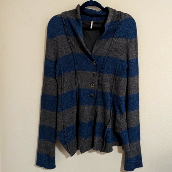 Free People Double Breasted Gray Blue Stripe Wool Angora Blend Sweater S - Picture 1 of 7
